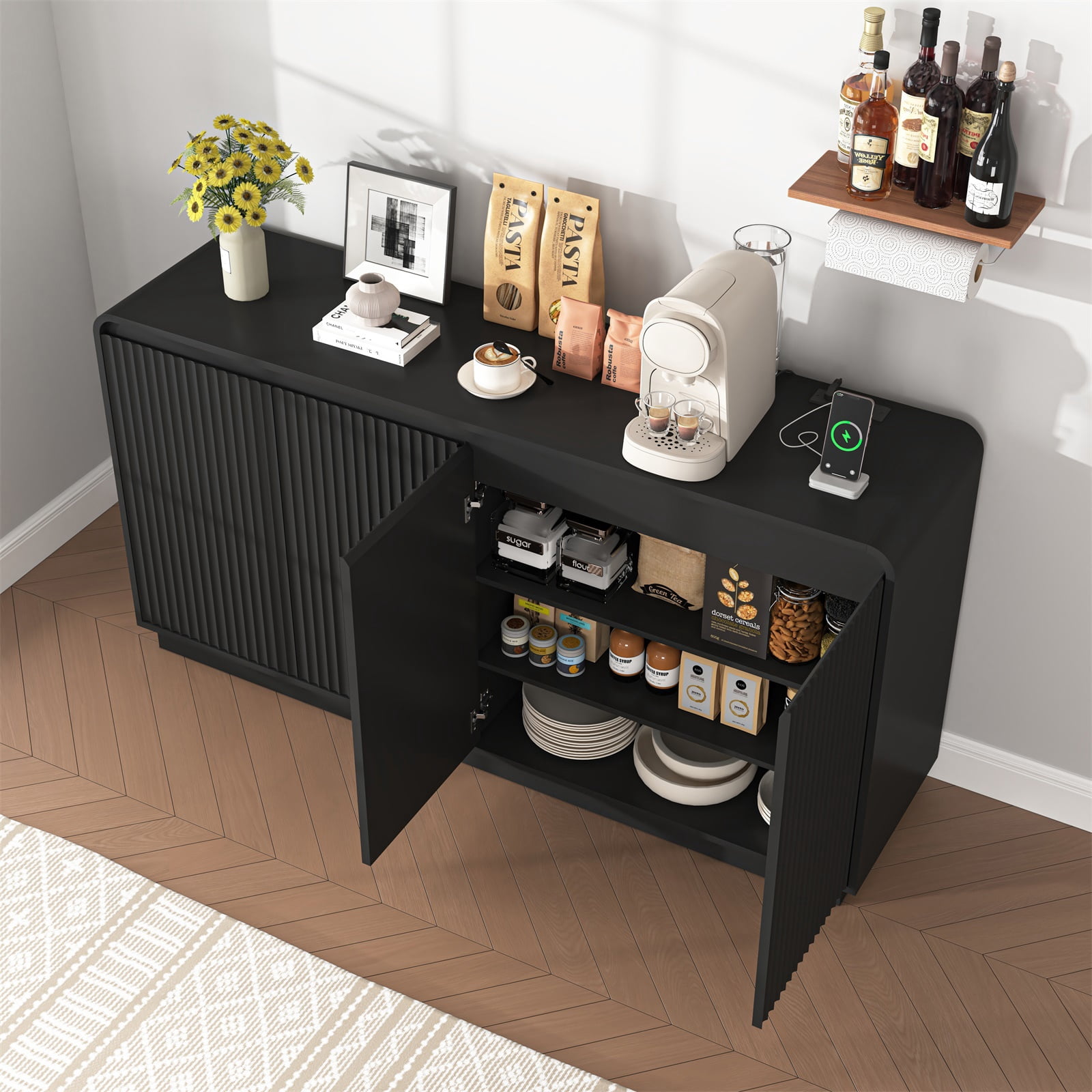 Hommoo Wooden Fluted Sideboard Buffet Cabinet with 4 Doors, Adjustable Shelves & Power Outlet, Multifunctional 3-Tier Storage Cabinet Credenza for Home, Office, Black
