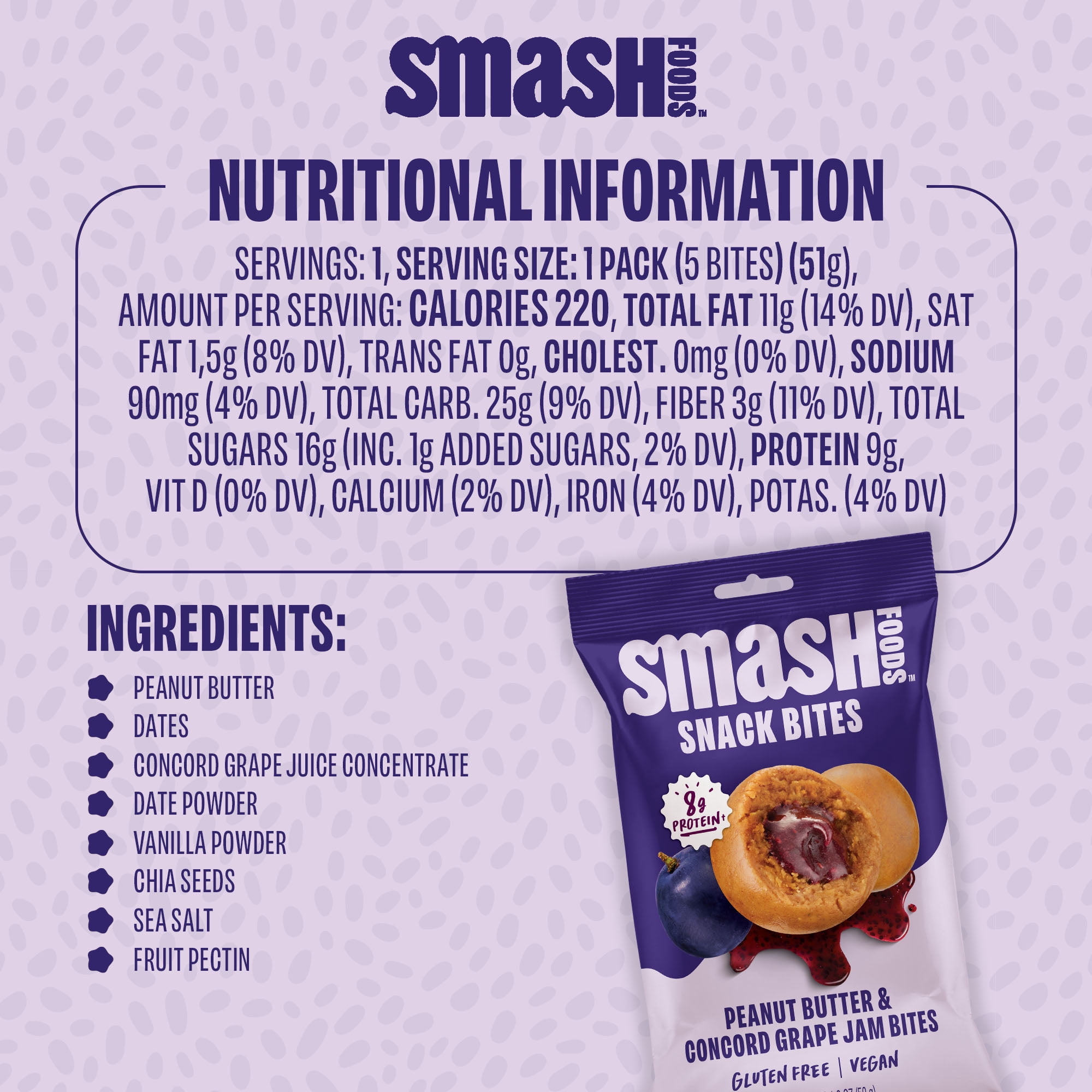 Smash Foods Gluten-Free Vegan Snack Bites (Grape), Protein & Energy, 8-Pack