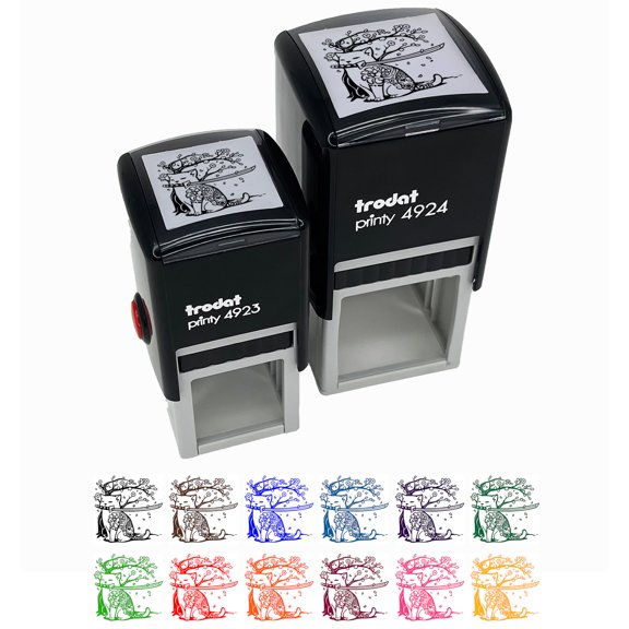 Samurai Cat Under Sakura Cherry Blossom Self-Inking Rubber Stamp Ink Stamper - Black Ink - Small 1 Inch