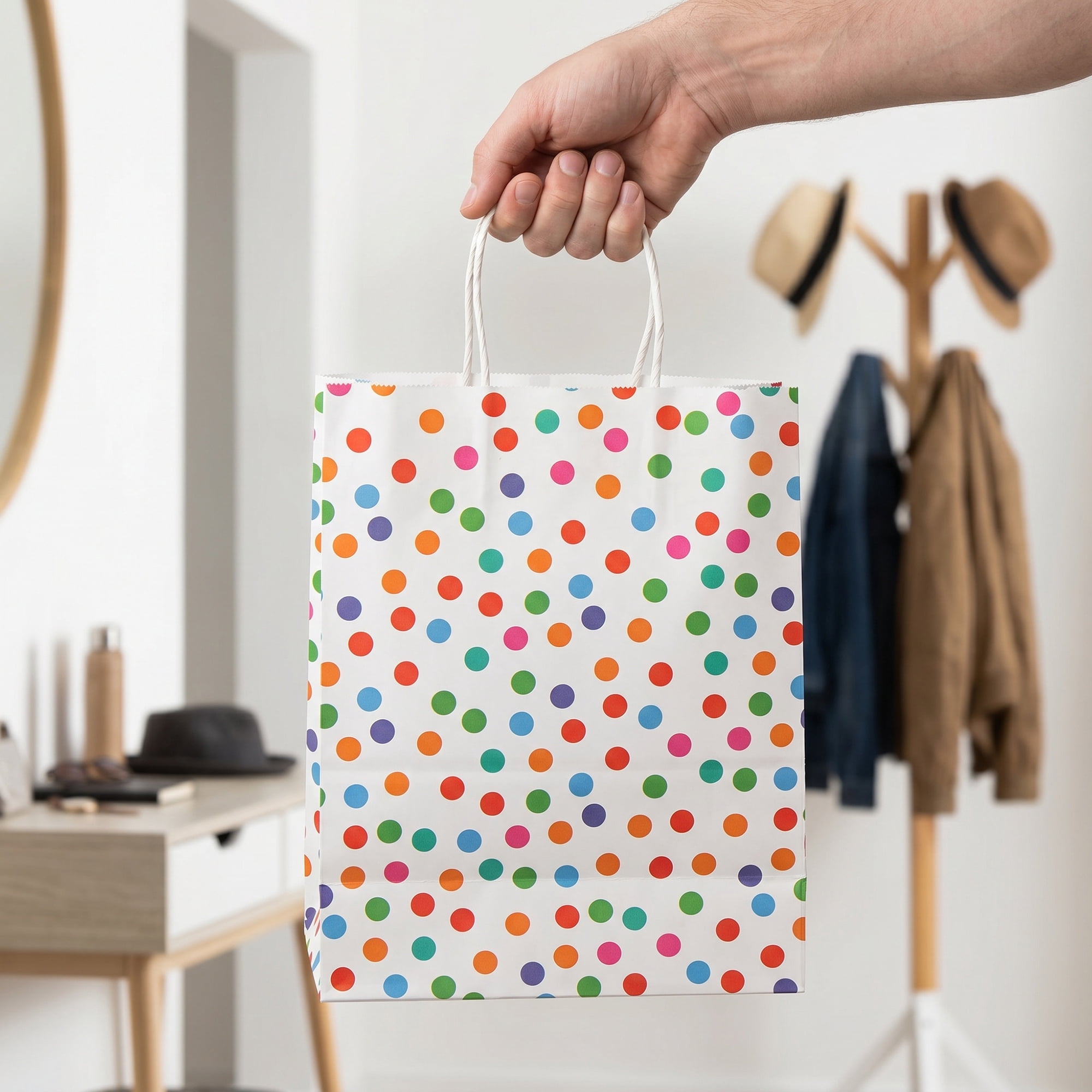 Unique Bargains 6Pcs Creamy Aesthetic Gift Bags with Handles Dot 5.9" x 3.1" x 8.3"