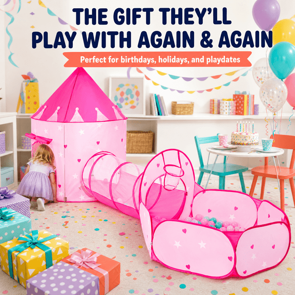 Sisticker 3 in 1 Kids Princess Play Tent Set with Crawl Tunnel & Ball Pit, Pop Up Playhouse for Toddlers Boys Girls, Indoor & Outdoor Foldable Play Toy with Carrying Storage Bag