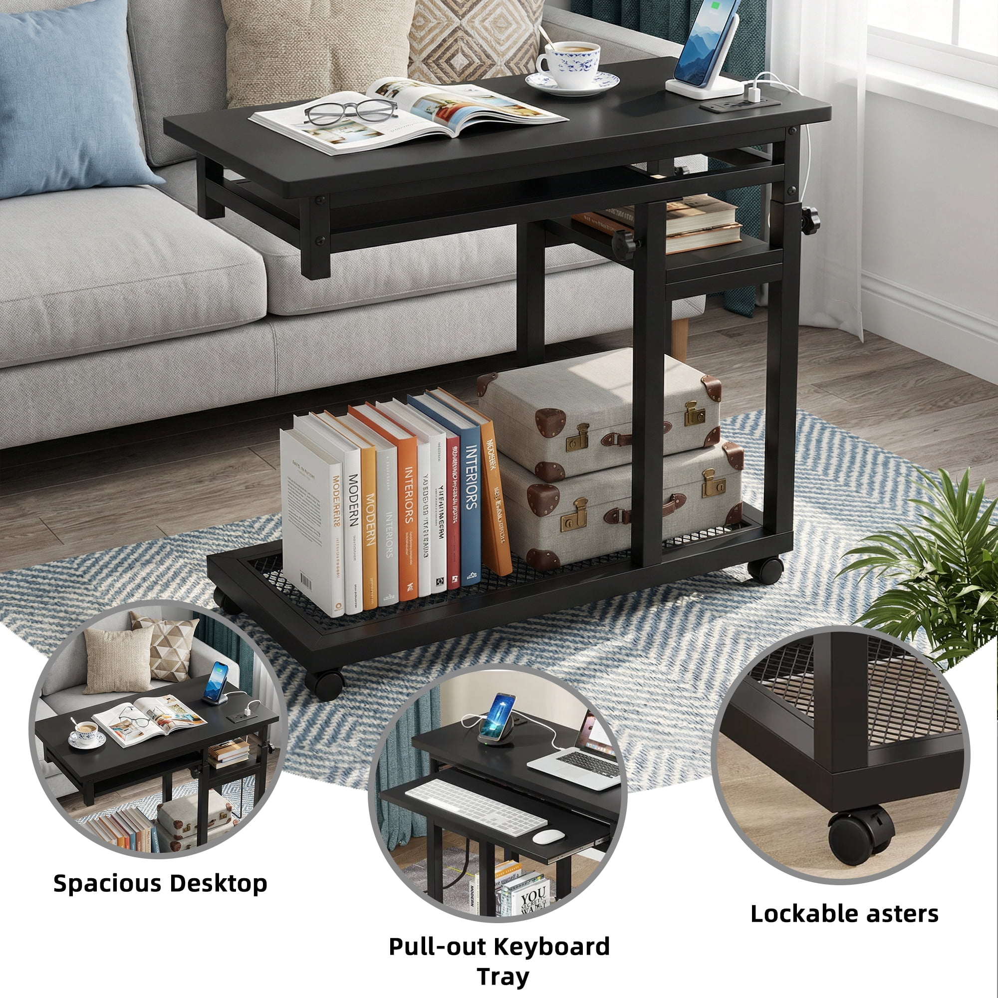 MAYEETY Height Adjustable Mobile C Table with Power Outlet & Keyboard Tray Sofa Side Table