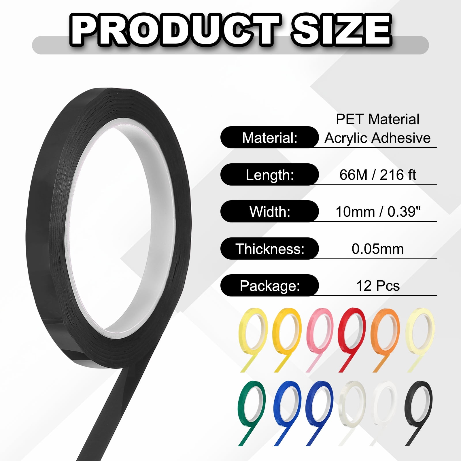 12 Rolls Tape, 0.4"x216ft Instruments Identification Tape Colored PET Adhesive for Steam Capacitors Circuit Boards Motors Electronic, 12 Color