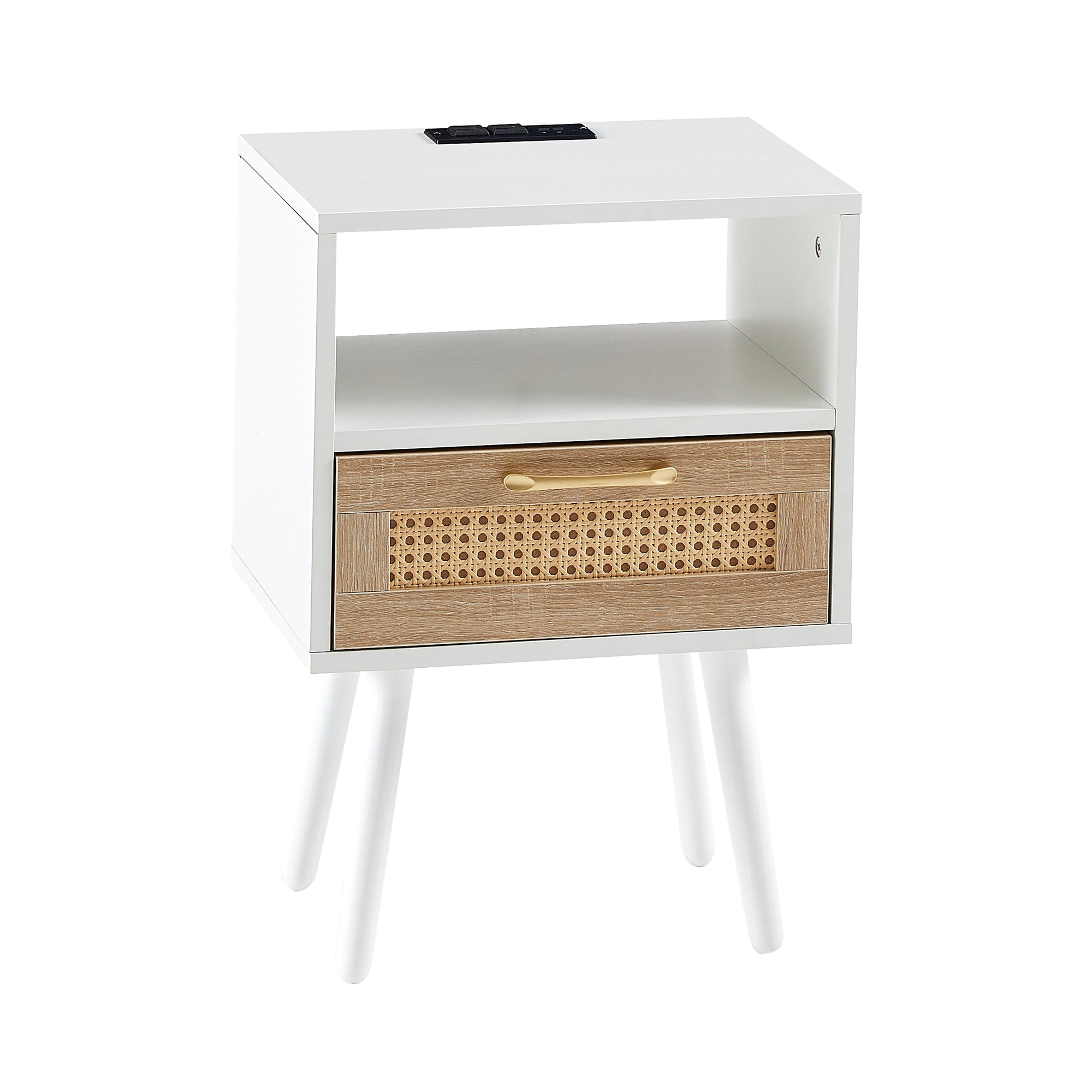 MAYEERTY 15.75" Rattan End Table with Power Outlet & USB Ports – Modern Nightstand with Drawer & Solid Wood Legs, White