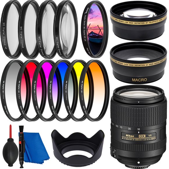 Nikon AF-S DX NIKKOR 18-300mm f/3.5-6.3G ED VR Lens Filter Bundle - Includes: 6PC Gradual Color Filter Set + Professional Telephoto Lens Attachment + 0.43X Wide Angle Lens Attachment + More