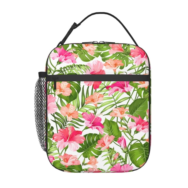 YFYANG Réutilisable Adulte / Enfants Portable Lunch Sac, Hibiscus Floral Leaf Patterns Mains Libres Boucle Poignée Isolation / Sac Froid pour l'École, le Travail, les Pique-Niques, Voyage