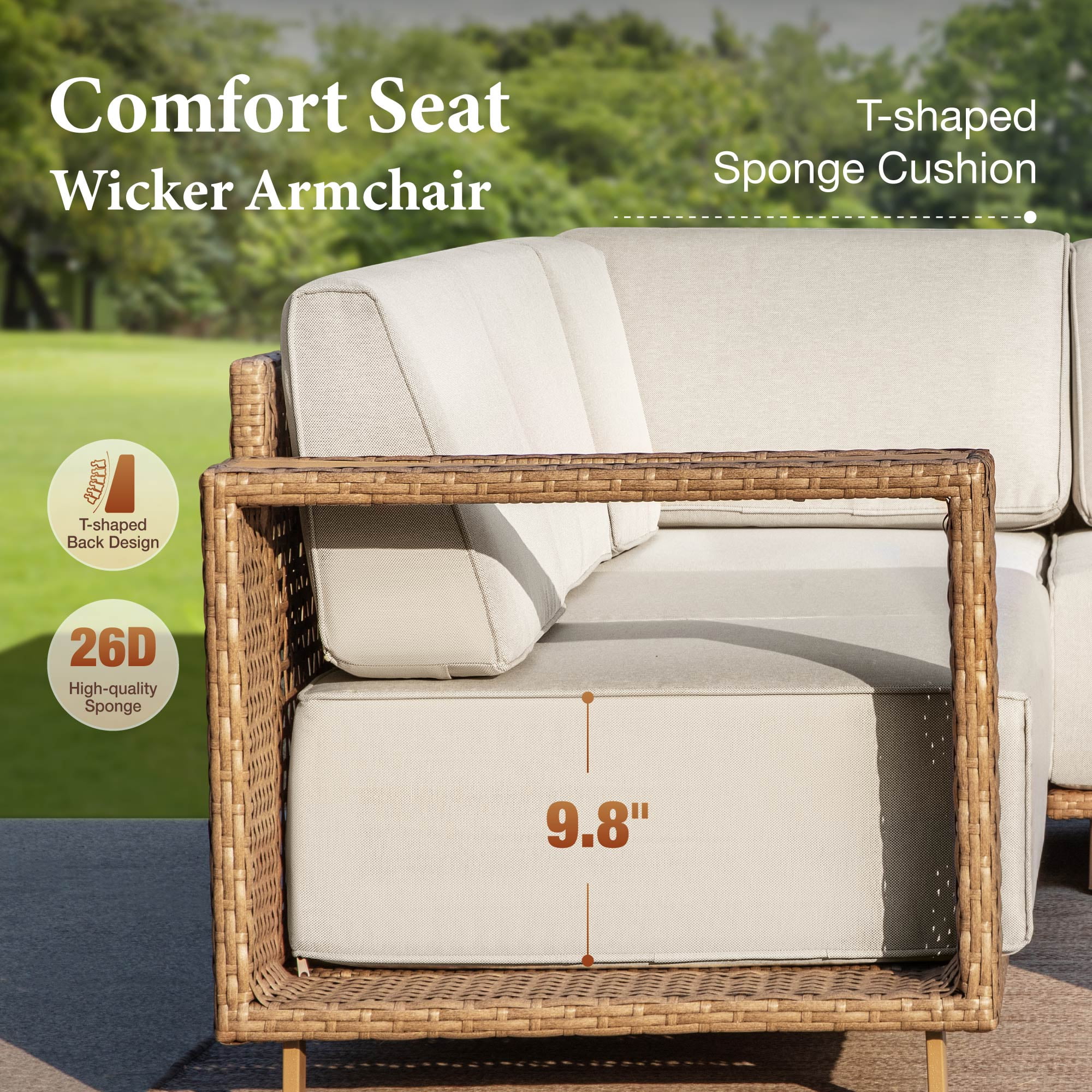 MF Studio 8-Piece Wicker Patio Furniture Set, L Shaped Outdoor Sectional Set with 2 Ottomans, Beige