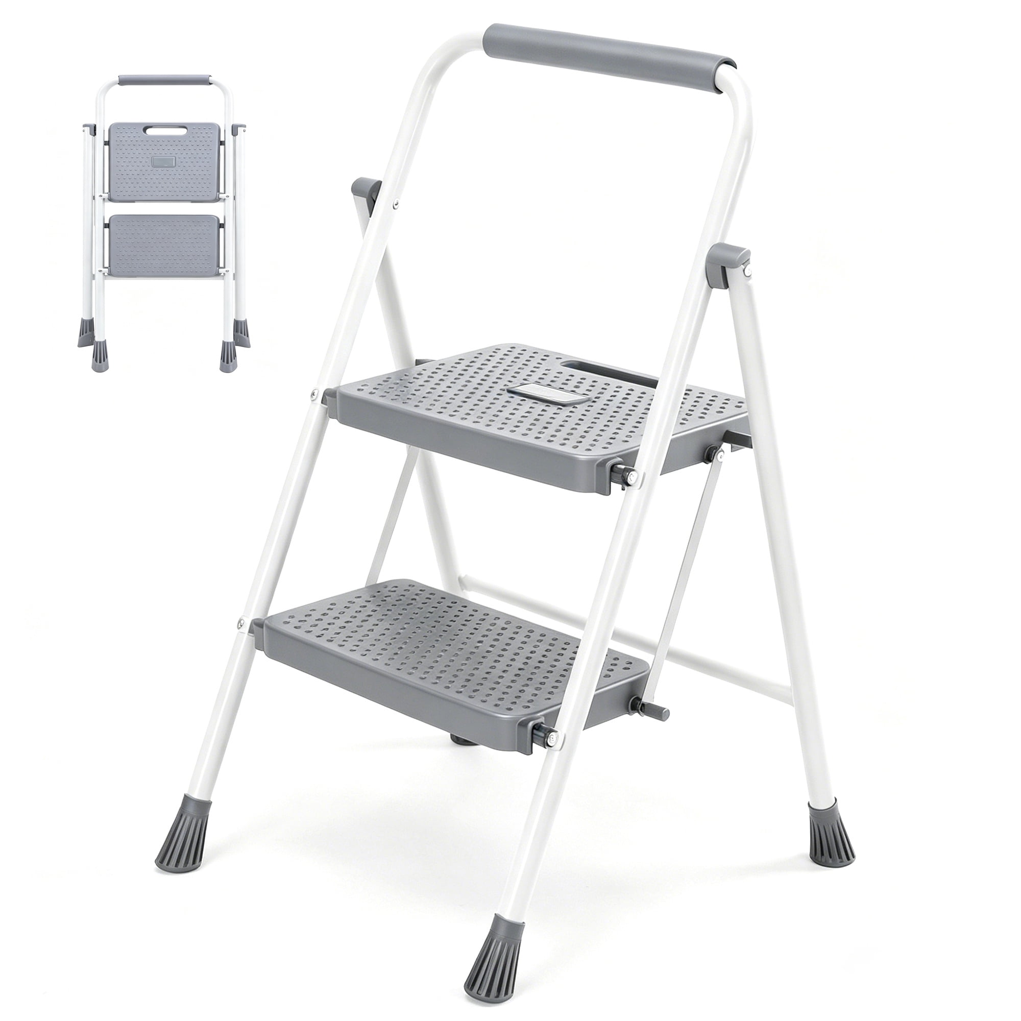 Atilioo 2 Step Ladder Folding Portable Step Stool with Heavy-Duty Steel Frame & Widened Anti-Slip Pedal Space-Saving Ladder for Home Office Gray