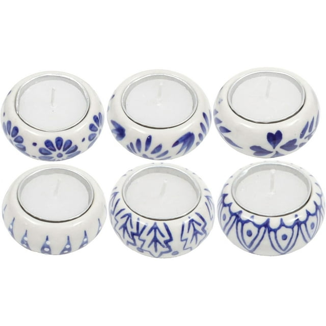 Handcrafted Ceramic Tealight Candle Holders Set of 6 - Decorative Design Includes Soy Wax Candles - Tabletop Home Décor for Living Room, Wedding, Diwali, or Gift Use (Blue White) - CLEENTABLE