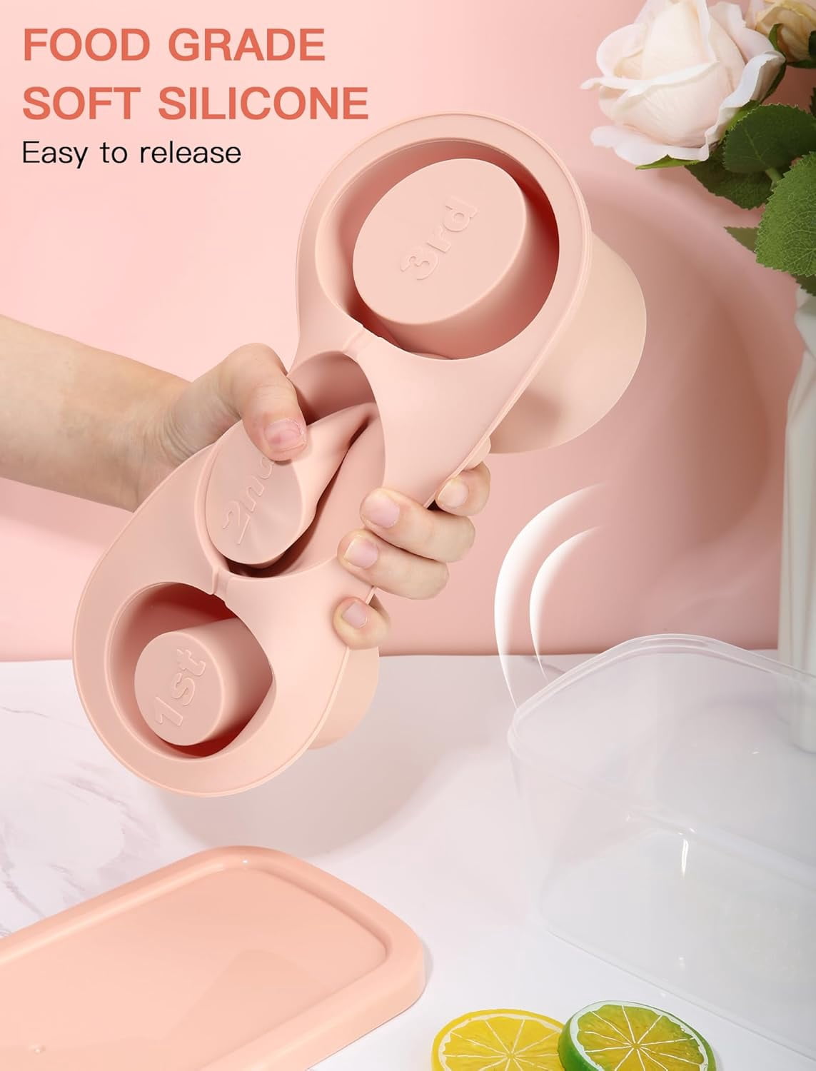 Ice Cube Tray for Tumbler Cup 30Oz-40Oz, 3 Pcs Silicone Cylinder Ice Mold with Lid and Bin for Freezer, Easy Fill and Release Ice Maker for Whiskey, Cocktail BPA-Free（pink）