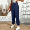 thumbnail image 4 of Gauze Linen Pants for Women Elastic Waist Drawstring Ankle Length Wide Leg Trousers High Waisted Dressy Maternity Gauchos Pants Dark Blue XL, 4 of 6