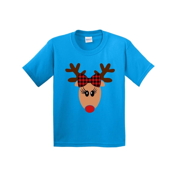 Inktastic Cute Girl Reindeer with Buffalo Plaid Bow Youth T-Shirt