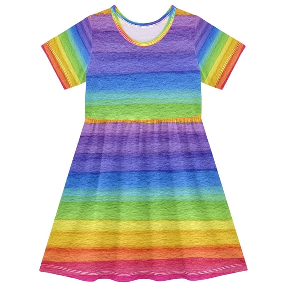 Girls Short Sleeve A-Line Dress Watercolor Rainbow Colors Play Dress Sizes 2T