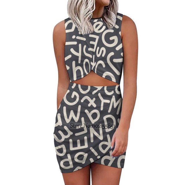 Hand Drawn Mix Letters Seamless Pattern Dark Square Neck Dress Back Lacing Backless Dress Elegant Beach Party Dress Korean