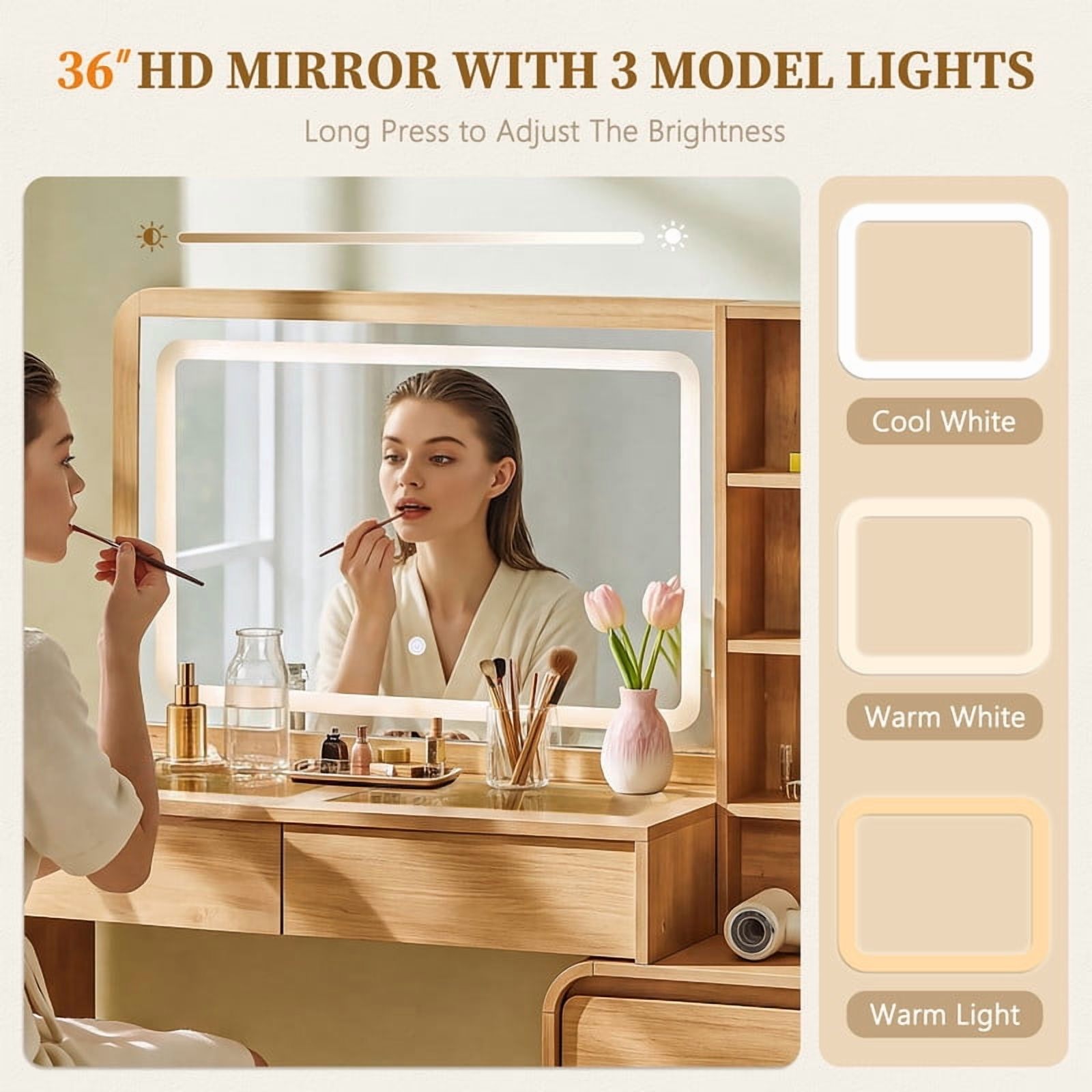 Aitjunz Modern Glass Top Vanity Desk with LED Mirror photo 5