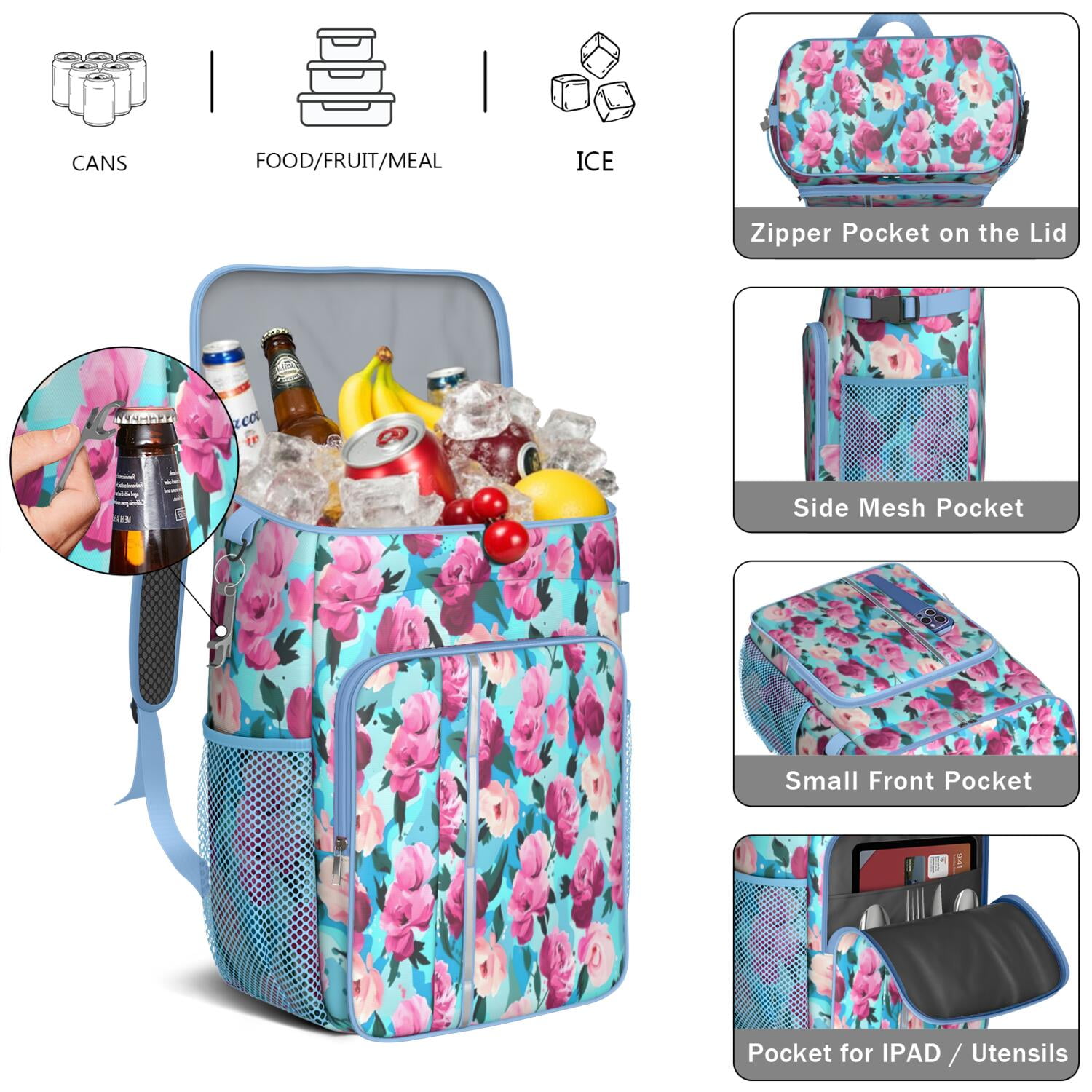Travel Cooler Bag - Pioneer Flower Floral Print Pattern Camping Beer Cooler Backpack with Bottle Opener- Waterproof Insulated Picnic Backpacks - Cooler Bag for Beach