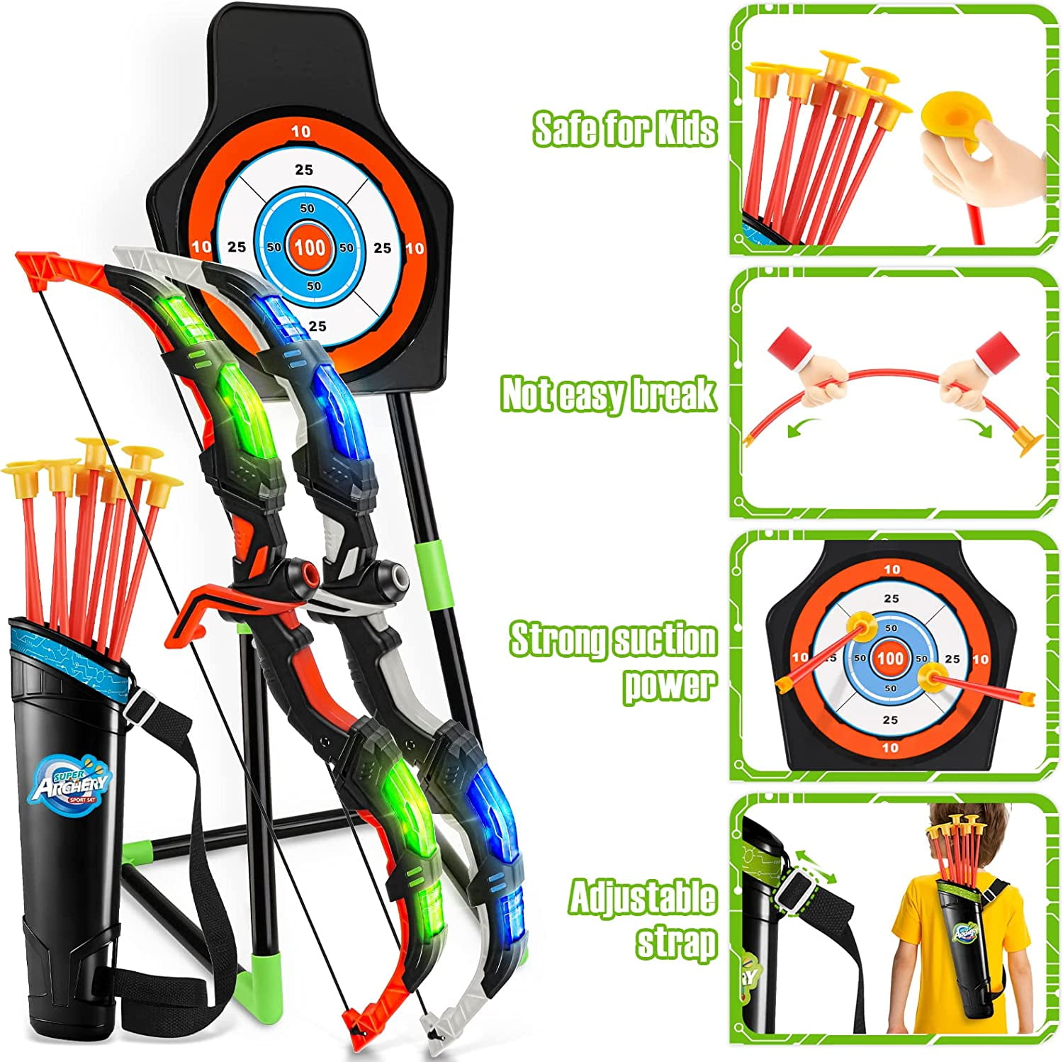 Beefunni Bow and Arrow for Kids, Light Up Archery Toy Set with 20 Suction Cup Arrows & Standing Target, Indoor Outdoor Gifts Toys for 4 5 6 7 8 Year Old Boys Girls