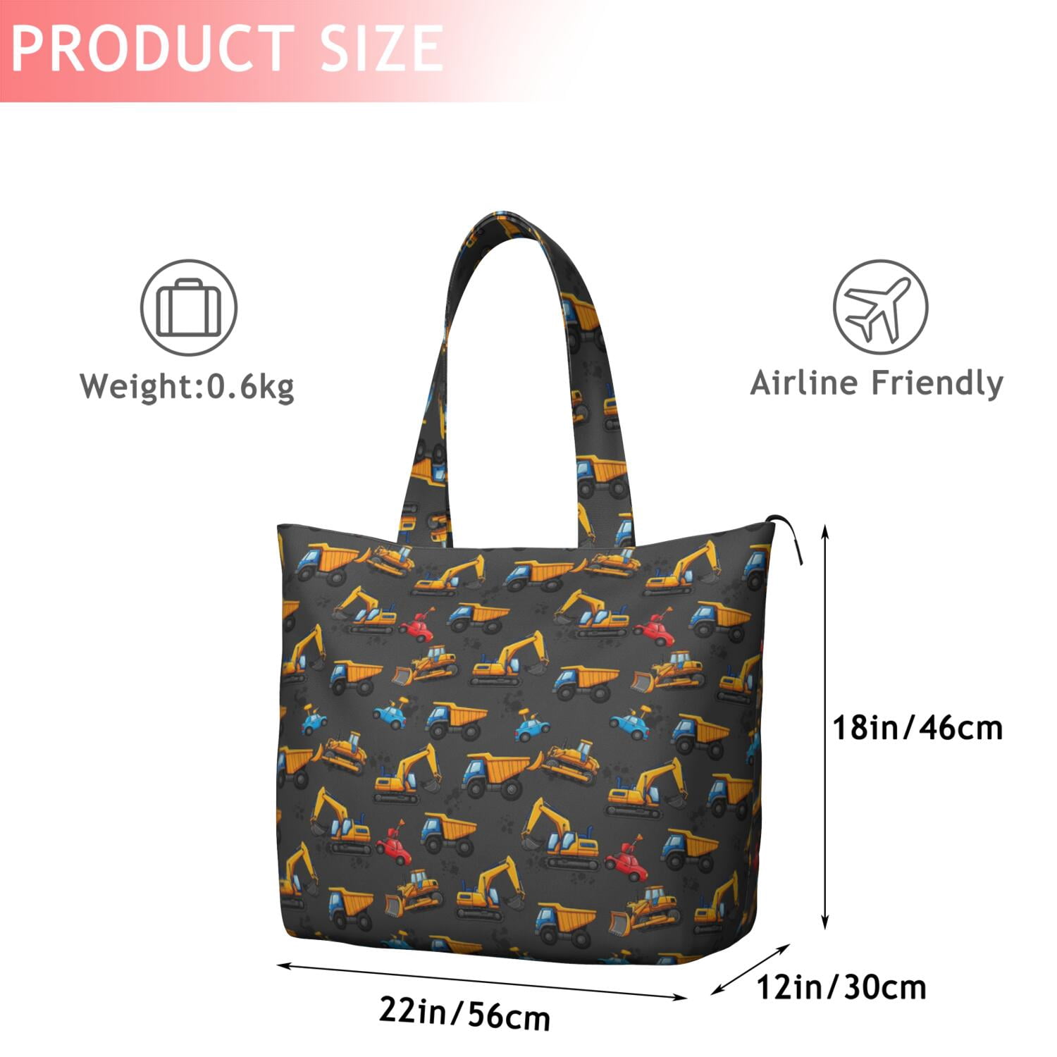 Cartoon Construction Vehicles Cranes Travel Tote Bags for Women Carry On,Large Weekender Bags for Women Travel,Multi Functional Duffle Bag for Work,Shopping,Sports