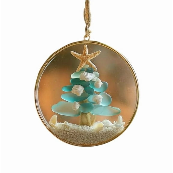 Sea Glass Ornaments for Christmas Tree, Handcrafted Gold Frame with Starfish and Seashell Accents, Coastal Ornament for Sea Lovers (Christmas Tree)