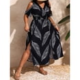 thumbnail image 2 of OYOANGLE Women's Plus Size Tropical Leaf Print Cold Shoulder V Neck Smocked High Slit Midi Dress Multicolor 1XL, 2 of 5