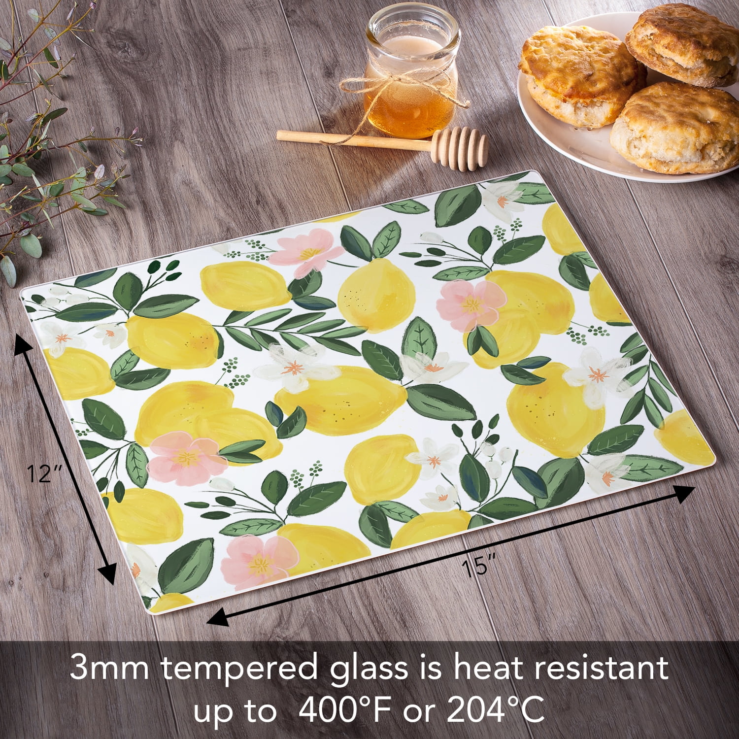 CounterArt Lemon Vine 3mm Tempered Glass Cutting Board 15" by 12"