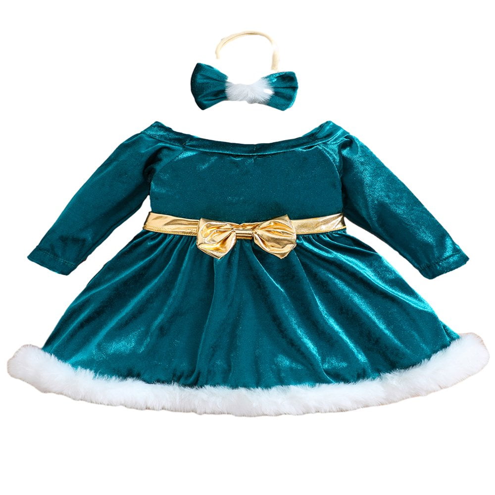 Toddler Baby Girls Christmas Dress Off Shoulder Long Sleeve Fur Trim Dress with Headband Holiday Dress Walmart