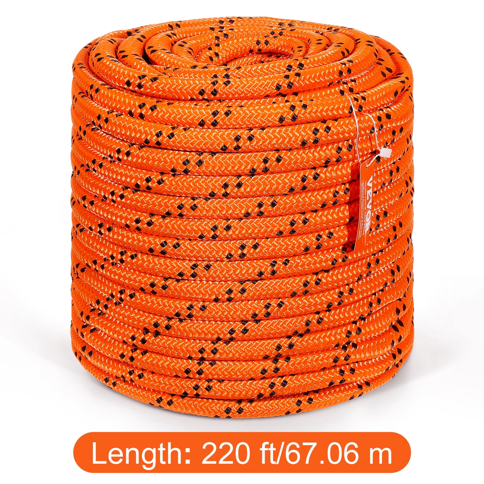 VEVOR Double Braided Polyester Rope, 3/4 in x 220 ft, 24 Strands, 12700 LBS Breaking Strength Outdoor Rope, Arborist Rigging Rope for Rock Hiking Camping Swing Rappelling Rescue, Orange/Black
