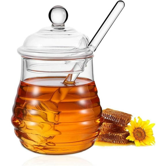 Glass Honey Pot,Bexikou 10oz Honey Jar with Dipper and Lid, Honey Container to Storage Honey and Syrup,Honey Pot Container Dispenser for Kitchen Organization, Christmas Gift, Home Kitchen Decor