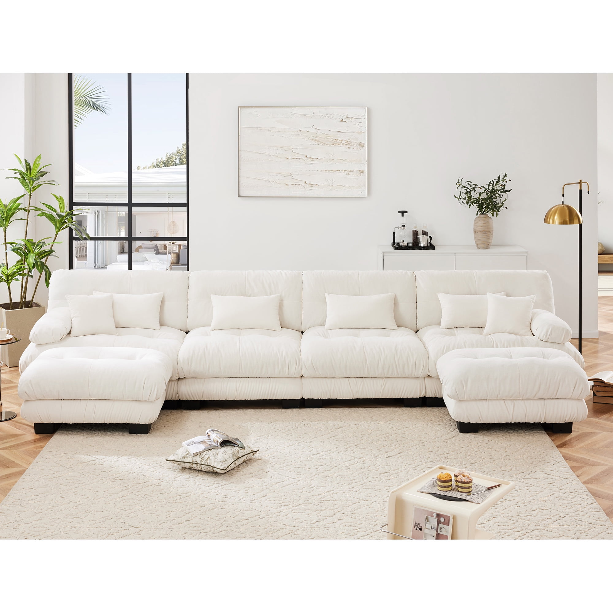 Gewnee Luxury 173.2" Modular U Shaped Sectional Sofa, Oversized Deep Seat Chenille Cloud Couch with 2 Movable Ottomans, Lumbar Pillows & Throw Pillows, Upholstered Sofa for Living Room, White