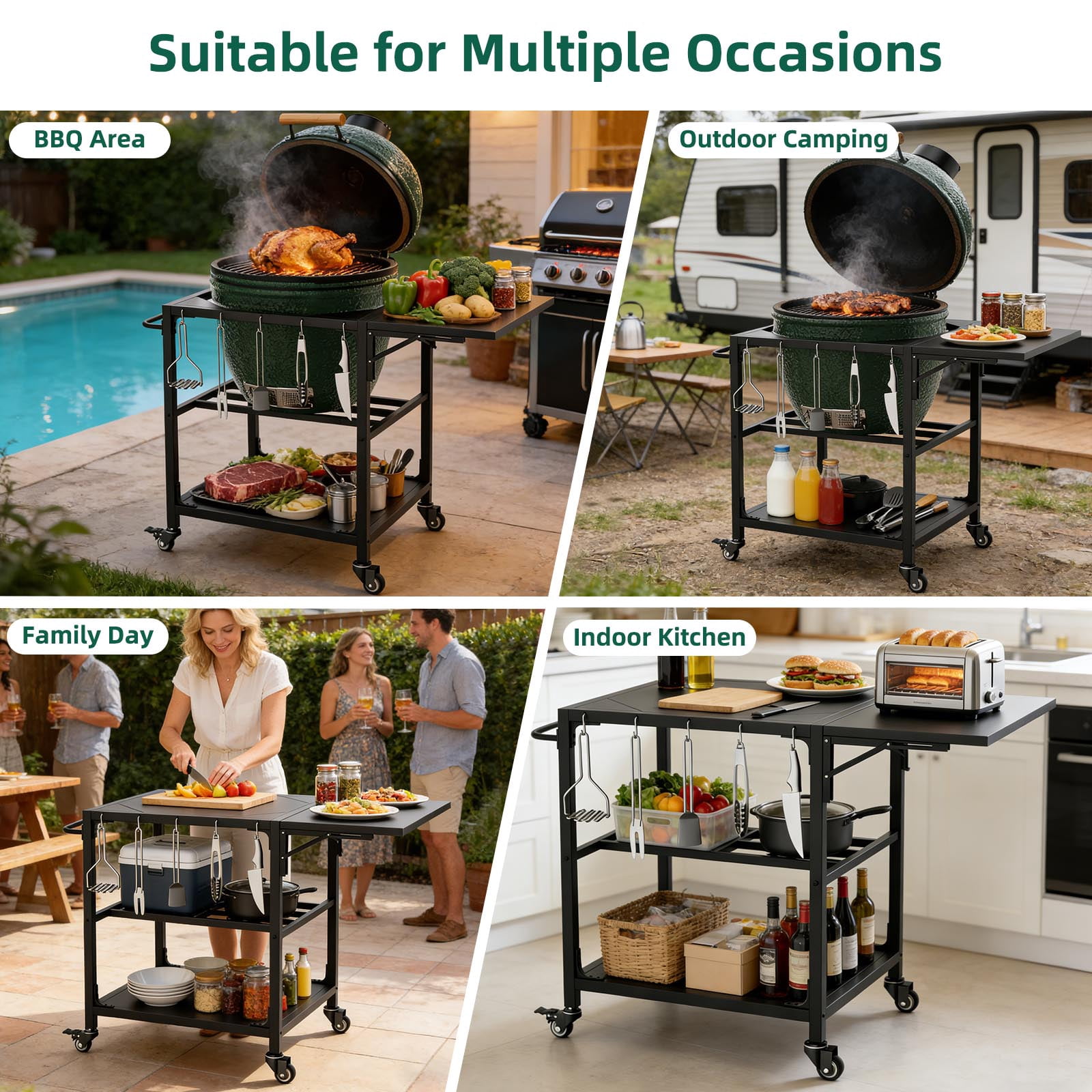 Outdoor Grill Table Compatible with Large Big Green Egg, Heavy Duty Metal Kamado Cart with Wheels, Storage Shelf, Hooks and Removable Central Cover for 21-26 Inch Kamado Style Grill