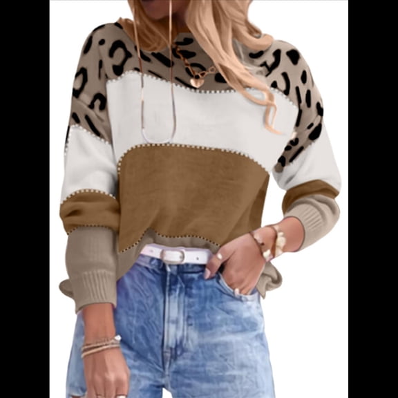 Women'S Leopard Printed Striped Sweater Crewneck Knitted Long Sleeve Color Block Pullover Dark Brown M