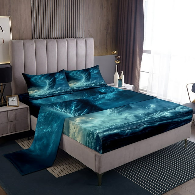 YST Horror Teal Twin Bed Sheets Set,Ocean Sea Wave Top Sheet,Gothic Tornado Lightning Bedding Set,Geometry Nature Disater Flat Fitted Sheet 3Pcs(1 Flat Sheet,1 Fitted Sheet,1 Pillowcase)