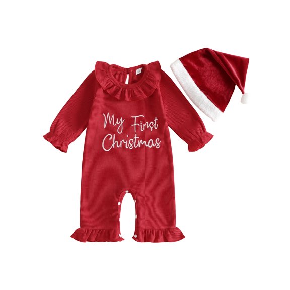 RUINIXCW Baby Girl Christmas Outfit Letter Embroidery Long Sleeve Jumpsuit and Hat
