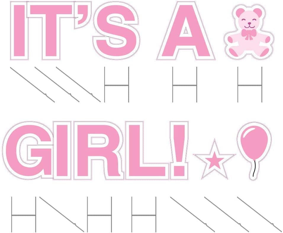 &nbsp;It’S A Girl Pink Yards Sign with Stakes – Each Letter is 18in Tall – Includes Bonus Star, Teddy Bear, and Balloon Signs – Weather-Resistant Signs and Steel Stakes