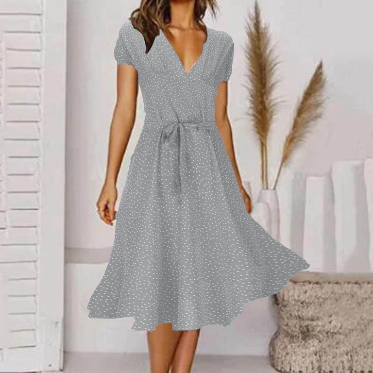chinese dress ladies Ladies Lace Up Elegant Sexy Crew Neck Dress Short Sleeves Knee-Length  Casual Comfortable Dress Black S at Amazon Women's Clothing store main image 1