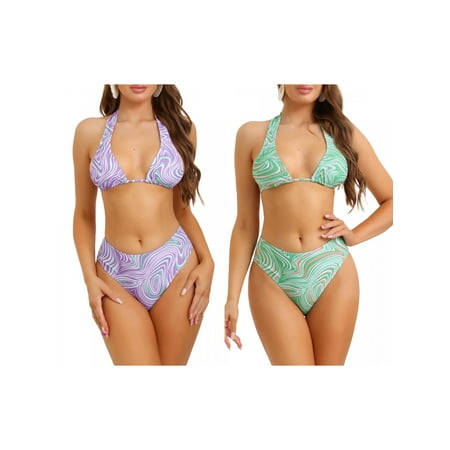 Women s Halter Lace Up Bikini Sets  Two Piece Swimsuit High Cut Triangle Thong Bottom Combination Set Large Purple  Green