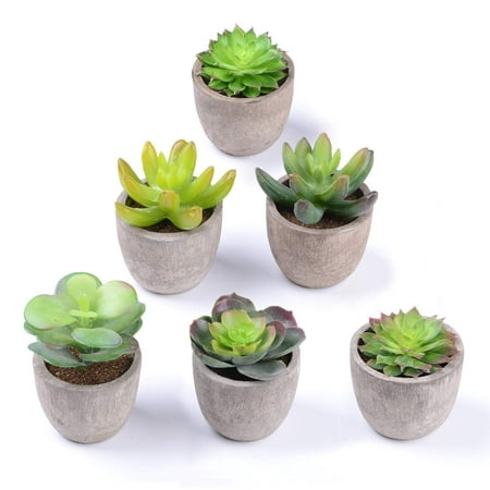 Artificial Succulent Plants - Coolmade Set of 6 Fake Succulent Planter Faux Cacti Plants, Small Succulent Plants with Gray Pots for Home