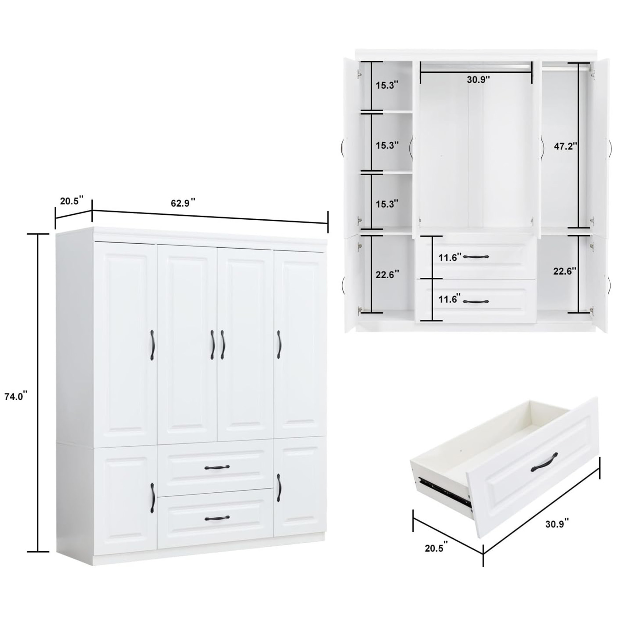 VivaVista 4-Door Wardrobe Armoire Closet, Modern White Wood Storage Cabinet with Hanging Rods & Drawers