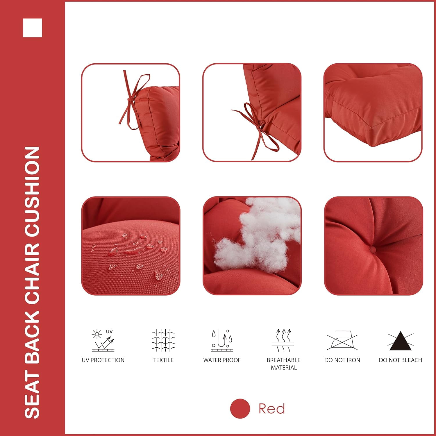Outdoor Indoor Seat/Back Chair Tufted Cushion,All-Weather Patio Chair Cushion with Ties,for Patio Furniture,Red