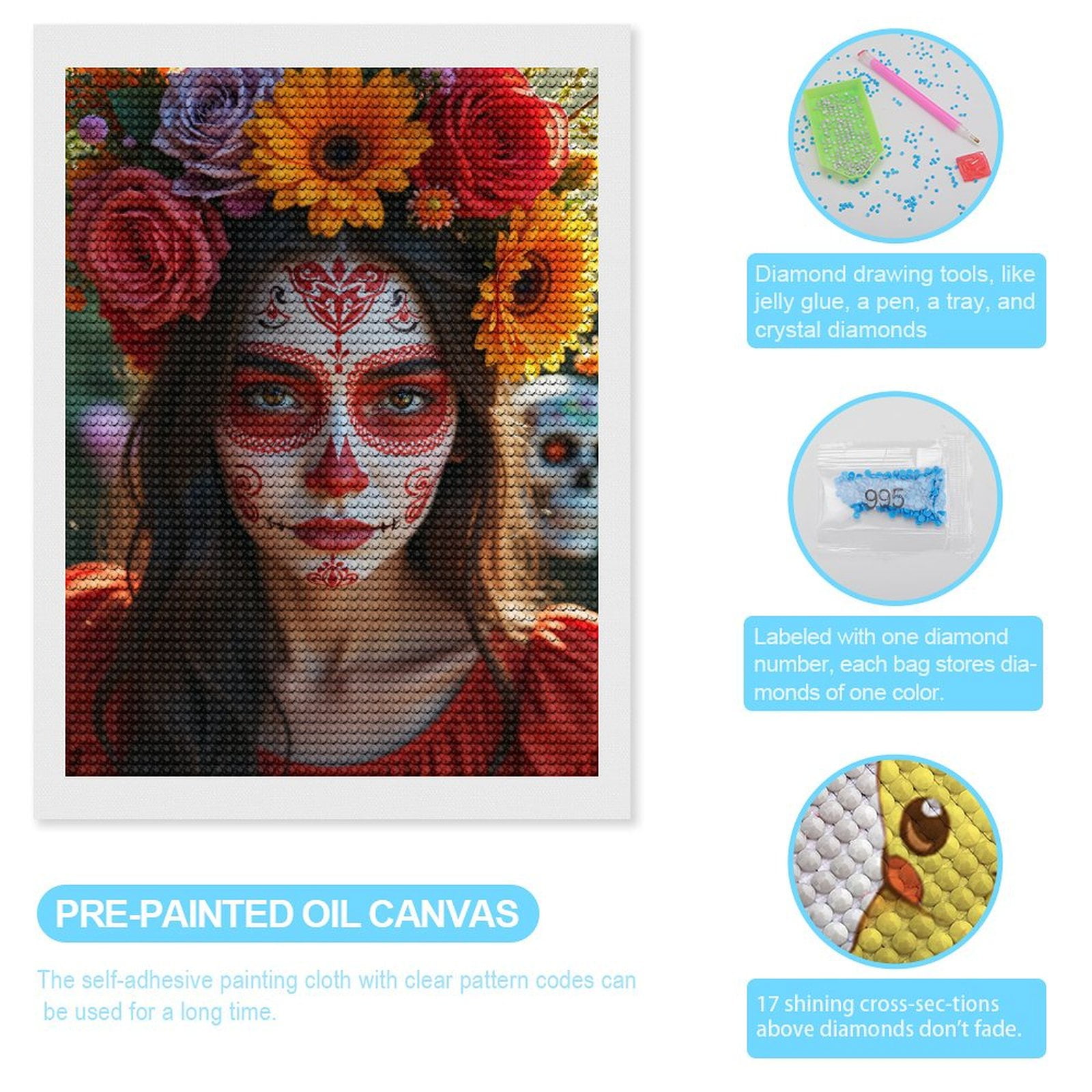 Diamond Art Kits for Adults, Colorful Floral Face Art Festival 5D Diamond Painting Kits for Adults Beginners, DIY Full Drill Diamond Painting, Gem Art and Crafts 12x16