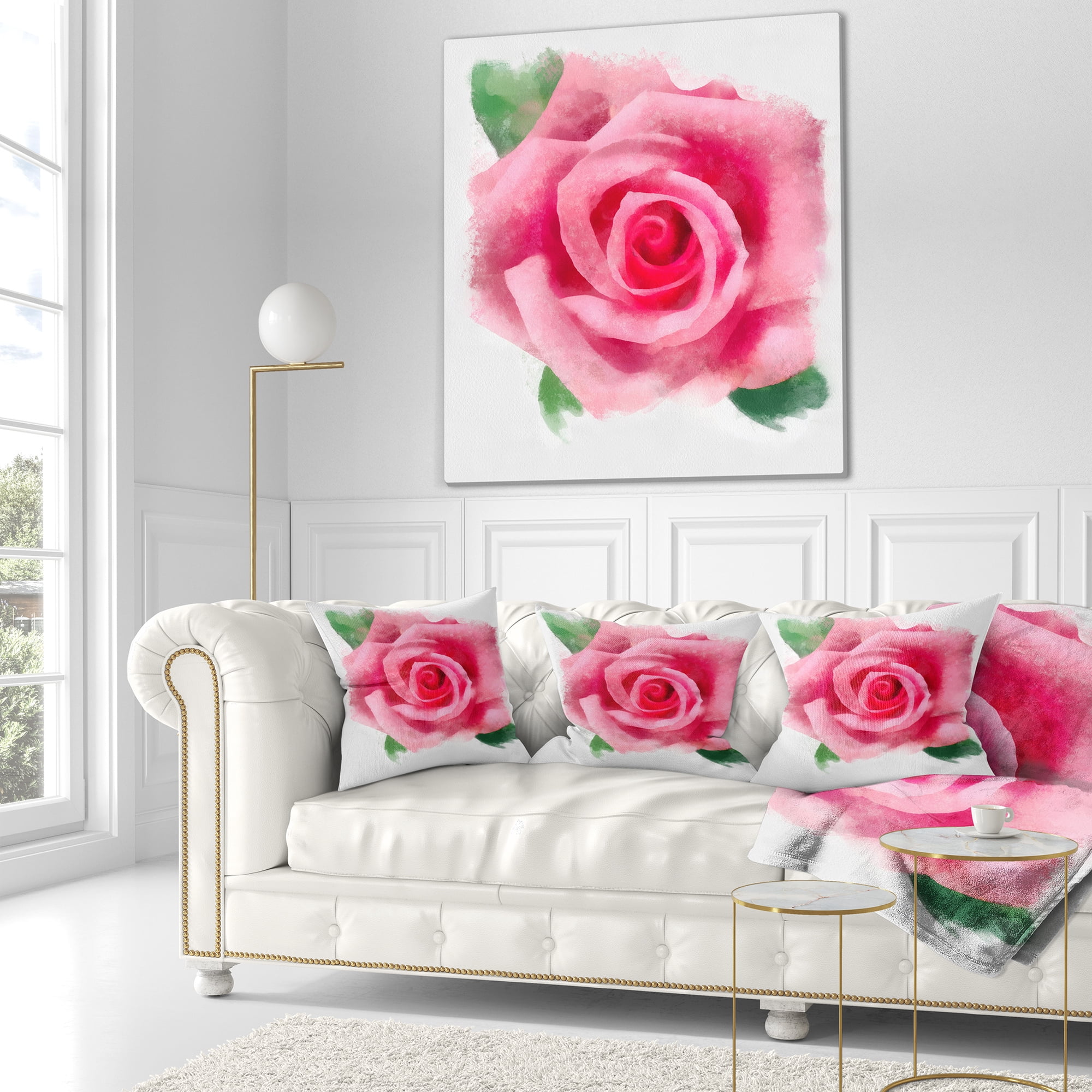 Designart Big Pink Rose Flower with Leaves - Floral Throw Pillow - 16x16