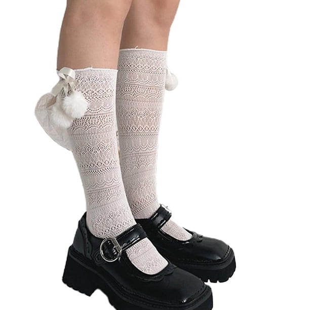Calcetines hasta la pantorrilla de encaje calados estilo japonés para mujer y niña, medias de satén con lazo de felpa, estilo japonés, princesa de Anime, medias de tubo medio