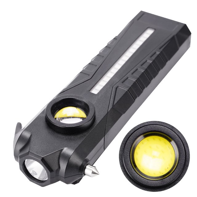 Luz de trabajo multifuncional, linterna de luz de inspección recargable con martillo cortador de gancho magnético con luz indicadora roja y azul para camping/reparación/emergencia [Clase de eficiencia Afortunado Sencillez