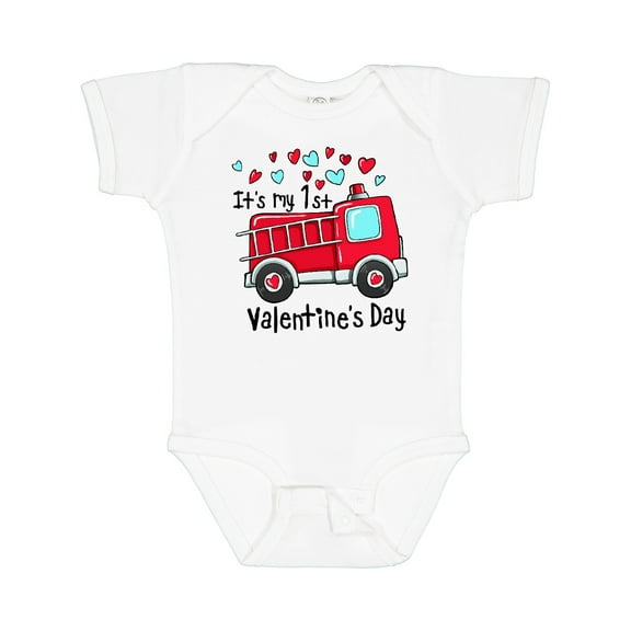 Inktastic It's My 1st Valentine's Day Fire Truck Boys or Girls Baby Bodysuit