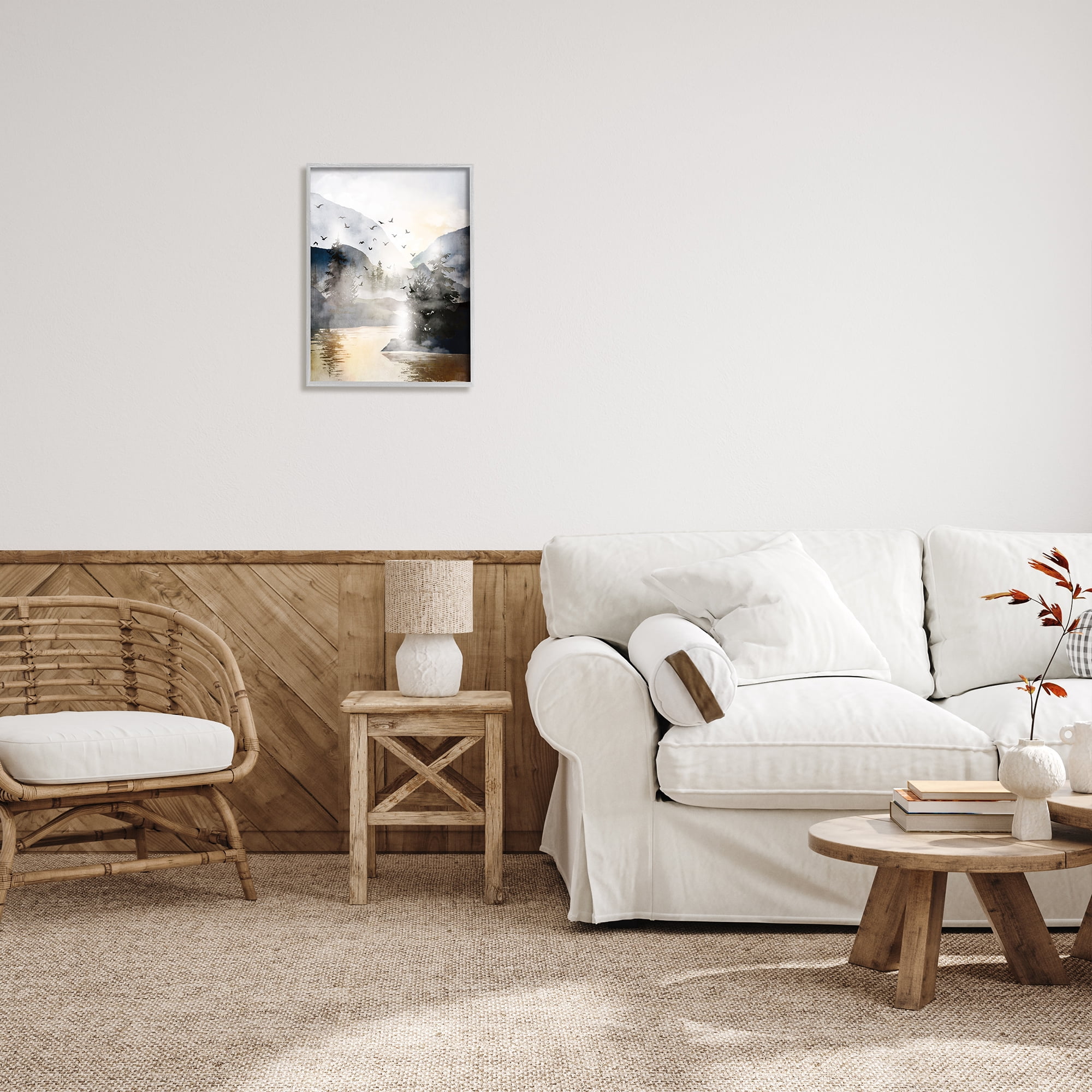 Stupell Flying Birds Mountain Lake View Landscape Painting Gray Framed Art Print Wall Art