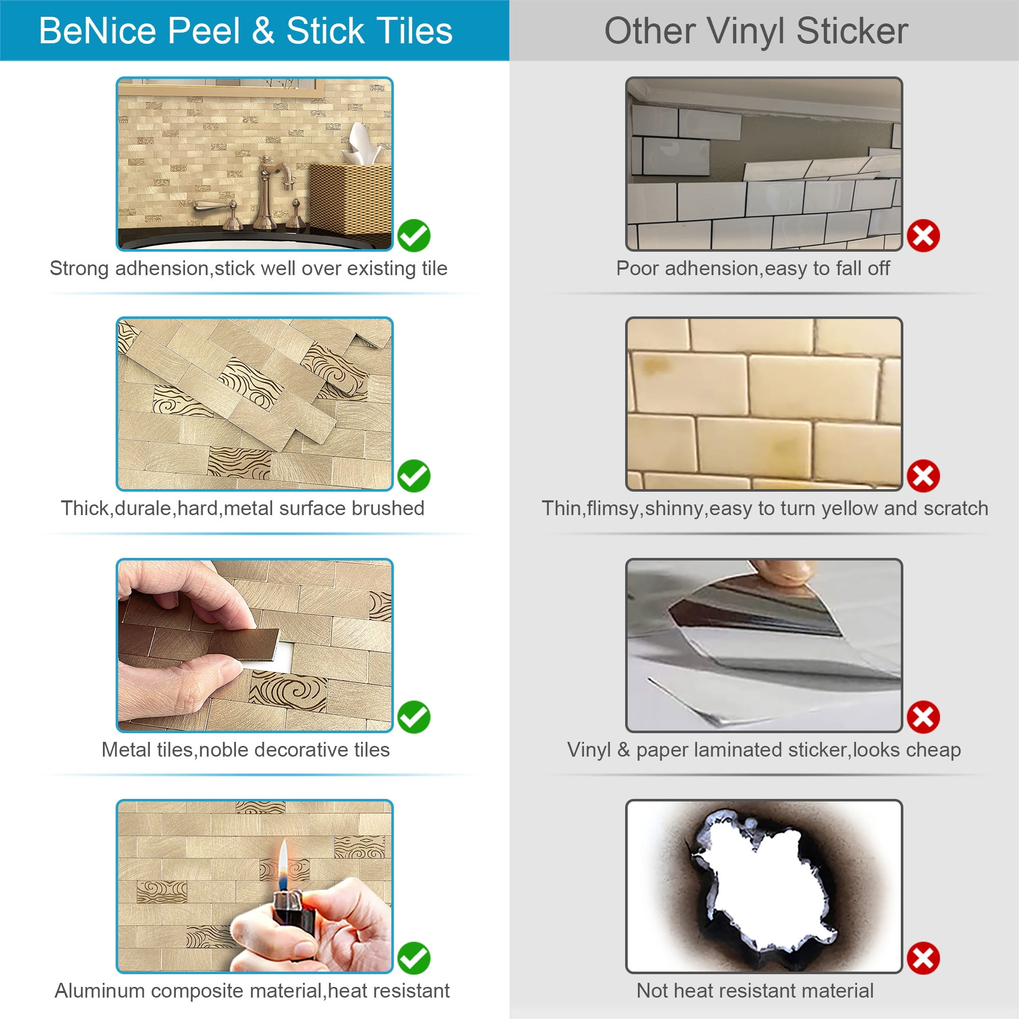 BeNice Peel and Stick Backsplash Kitchen Backsplash Tile Stickers Metal Champagne Gold