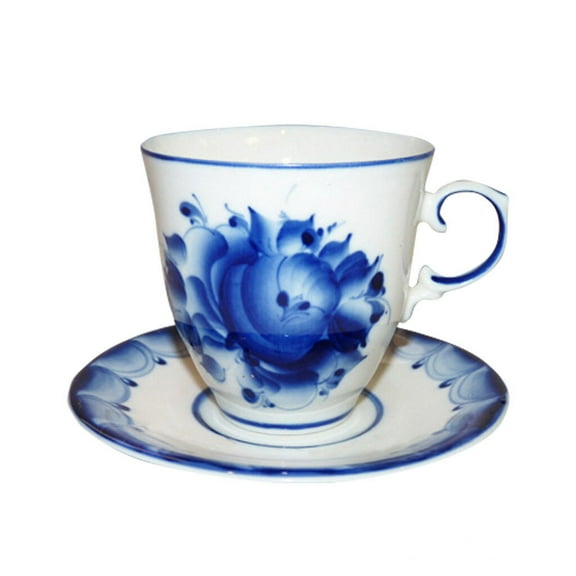JSC Gzhel Florals Porcelain Cup and Saucer Set 9.1 fl oz (270 ml) Floral Teacup with Saucer for One Porcelain Tea and Coffee Cup for Home Kitchen, Service for 1, Blue and White