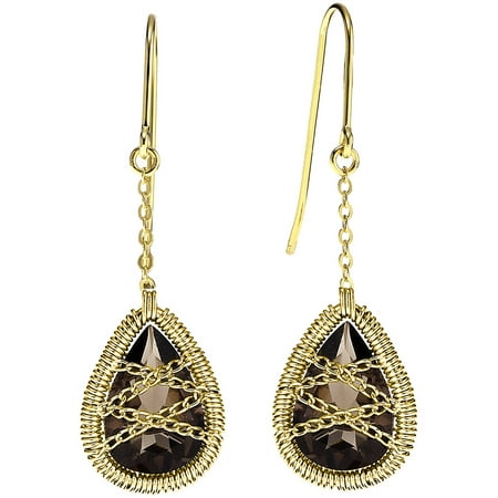 5th & Main 18kt Gold over Sterling Silver Hand-Wrapped Dangle Teardrop Smokey Quartz Stone Earrings