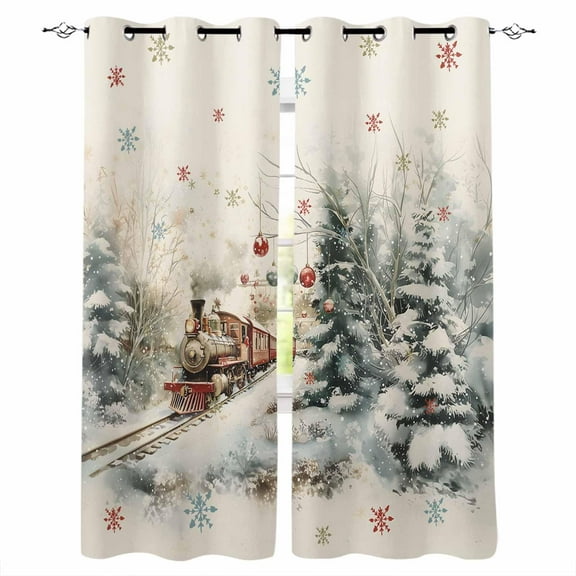 Hokiten Christmas Blackout Curtains | Light Blocking Print Window Curtains, Train Xmas Tree Snowflake Balls Thermal Insulated Window Drapes for Living Room Kitchen Cafe (2 Panels, 55"W x 39"L)