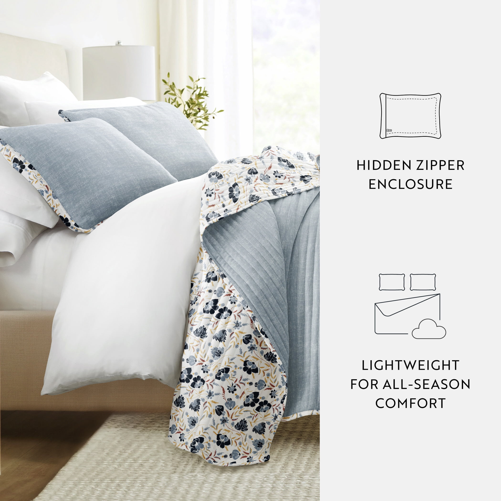 Noble Linens 3-Piece Light Blue French Jacobean Reversible Quilt Set, King